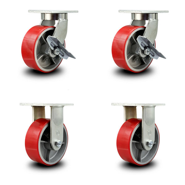 Service Caster 8 Inch Heavy Duty Red Poly on Cast Iron Wheel Caster Brakes 2 Rigid SCC, 2PK SCC-KP92S830-PUR-RS-SLB-2-R-2